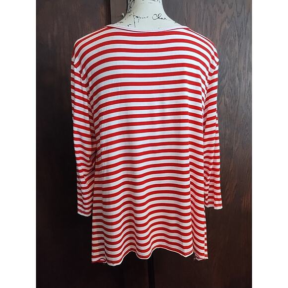 Orvis Large Tunic Top 4th of July Striped Red White Stretch 3/4 sleeve viscose - Picture 3 of 6
